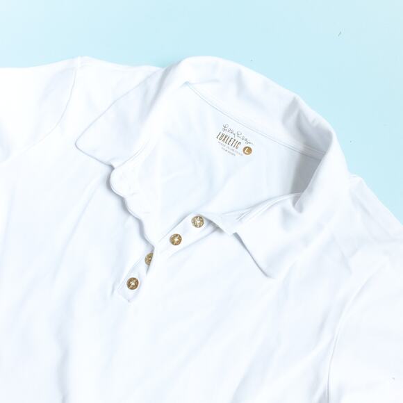 Lilly Pulitzer UPF 50+ Luxletic Frida Scallop Polo Size Large Preppy in White - Picture 4 of 8